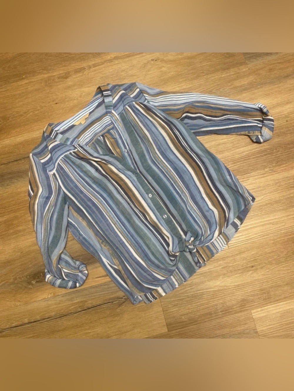 Striped Tie-Front Button Shirt - Blue & Brown large NWOT